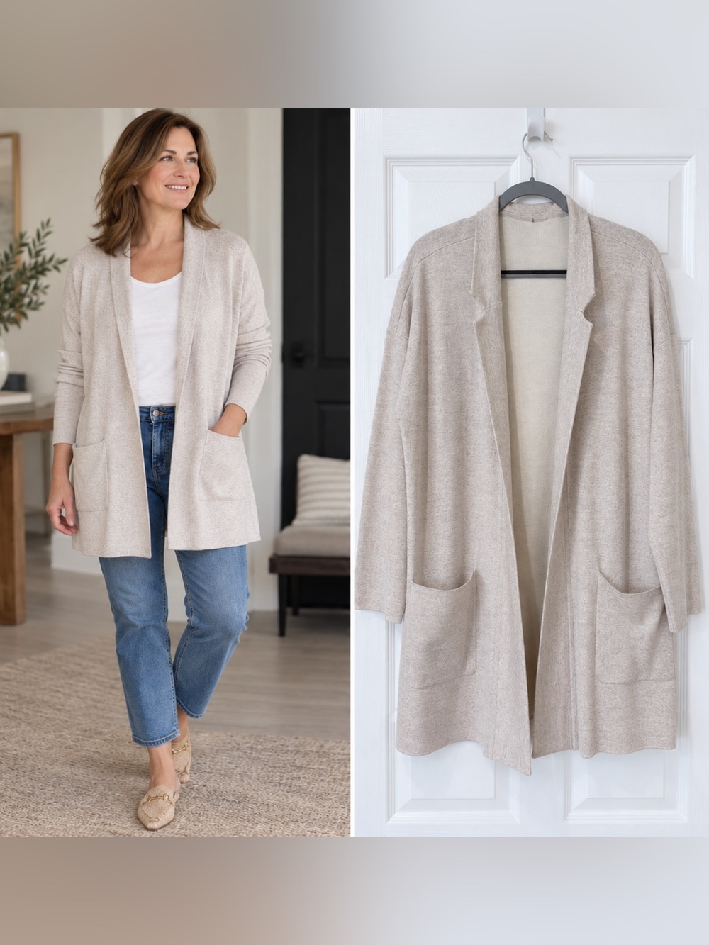 Eileen Fisher Oatmeal Merino Wool Silk Long Cardigan XL - Picture 2 of 10